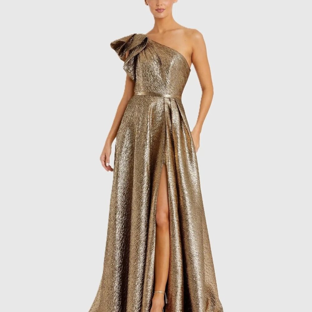 Mac Duggal One-Shoulder Metallic Gold Evening Gown